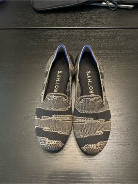 Rothy's Black and Tan Knit Slip-On Loafers